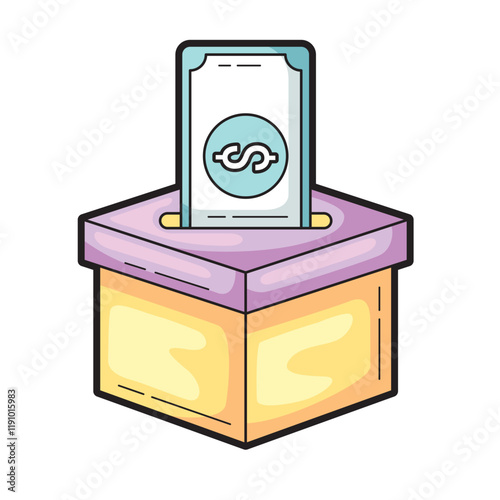 Money bill entering donation box  symbolizing charity, generosity, giving, support. Suitable for fundraising campaigns, donation drives, charitable organizations