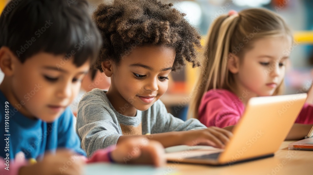 Diverse Group of Children Learning in Classroom with Technology Diverse Group of Children Learning in Classroom with Technology