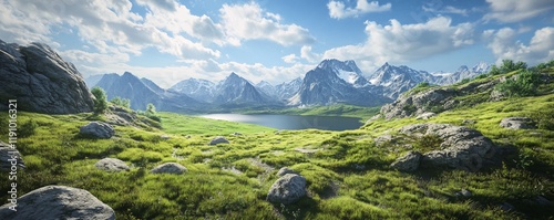 Breathtaking green valley surrounded by majestic snowy mountains and lake