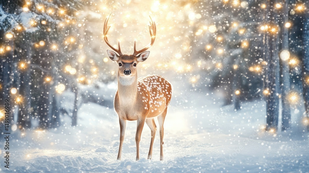 A serene winter scene featuring a lone deer with antlers standing in a snowy forest. A serene winter scene featuring a lone deer with antlers standing in a snowy forest.
