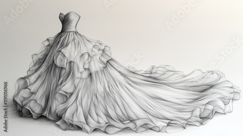 Pencil sketch of a flowing ballgown.