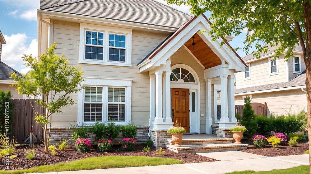 Fototapeta premium Luxury House Exterior: Modern Home Architecture and Landscaping Design. Beautiful Beige Facade, Stonework, and Lush Greenery. Perfect Family Home in a Peaceful Suburb.
