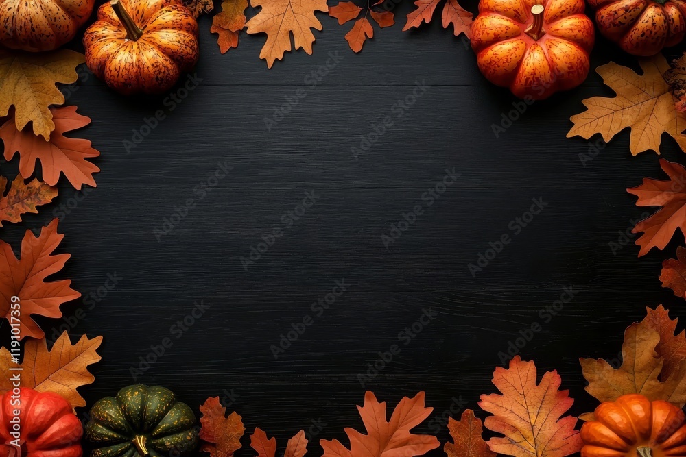 Fototapeta premium Autumn Harvest Frame Pumpkins and Oak Leaves on Black Wood, Thanksgiving, Fall Decor Thanksgiving, Fall