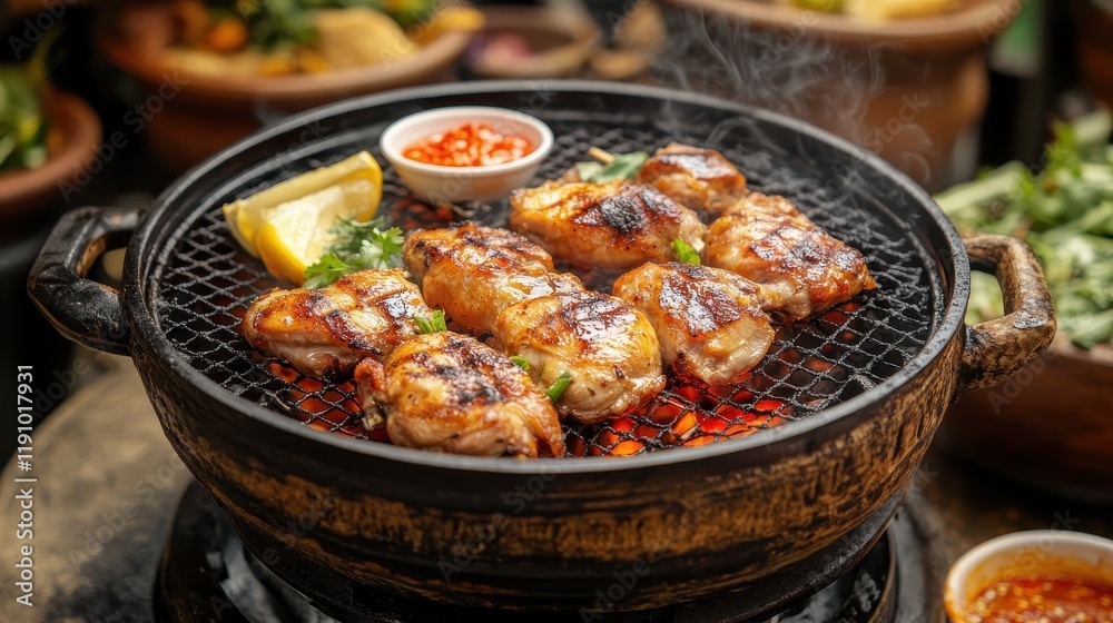 Grilled Thai Chicken on Traditional Barbecue with Herbs, Spicy Dipping Sauce, and Lemon Slices Served Outdoors in a Rustic Setting Grilled Thai Chicken on Traditional Barbecue with Herbs, Spicy Dipping Sauce, and Lemon Slices Served Outdoors in a Rustic Setting