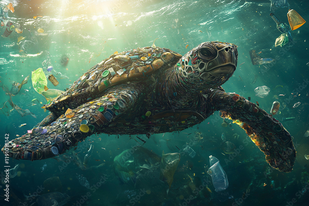 Obraz premium sea turtle made entirely from plastic garbage with its shell pieced together from colorful bottle caps, its fins crafted from transparent plastic bags swimming in ocean. ecological disaster. pollution