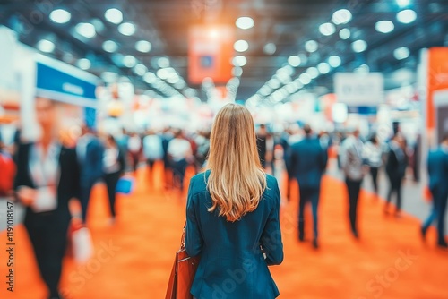 Woman at Trade Show Blurry Background, Single Figure, Expo Concept, Event Photography Trade Show, Expo