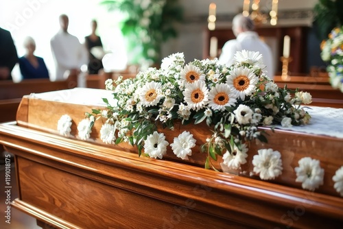 Wooden Coffin with White Gerbera Daisies, Funeral, Sympathy, Grief, Memorial Funeral flowers,Memorial Service