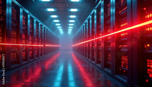 Futuristic server room with red, blue laser barriers protecting critical data repositories. Advanced tech safeguards sensitive data from cyberattacks. Automated systems monitor, maintain facility.