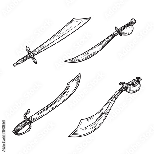 Pirate sabers hand drawn sketch style set. Cutlasses in vintage retro engraving style. Sword weapon vector illustrations isolated on white.