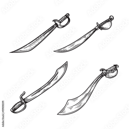 Pirate sabers hand drawn sketch style set. Cutlasses in vintage retro engraving style. Sword weapon vector illustrations isolated on white. photo