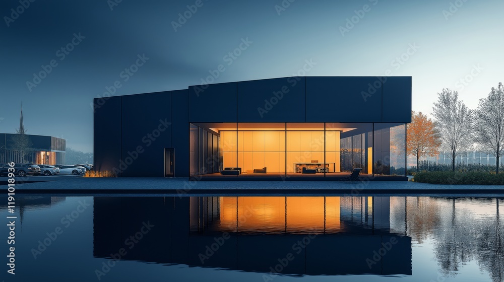 Fototapeta premium Modern data center building illuminated by twilight in urban landscape
