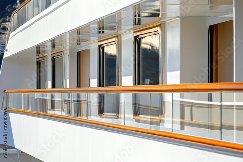 Luxurious yacht features elegant balcony design with stunning views at a sunny coastal location photo