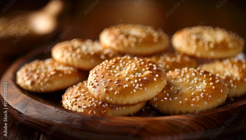 A close-up shot of a plate of sesame seed cookies on a wooden surface. A close-up shot of a plate of sesame seed cookies on a wooden surface.