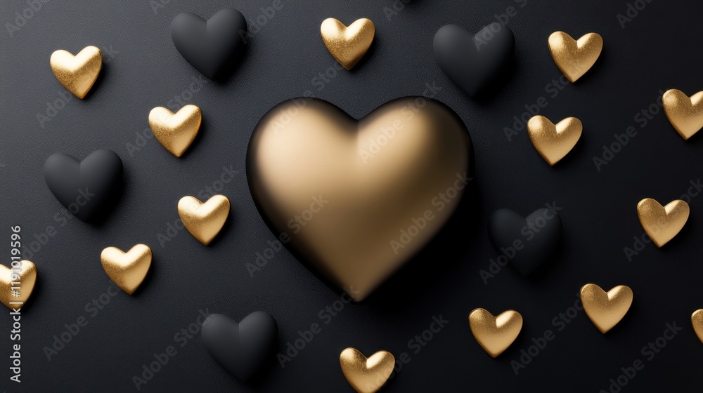 Obraz premium Elegant arrangement of golden and black hearts for a romantic celebration on Valentine Day showcasing love and heartfelt sentiments in artistic display