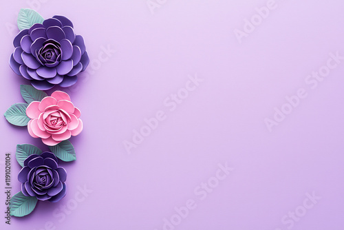 Paper flowers in purple and pink with green leaves on lavender background