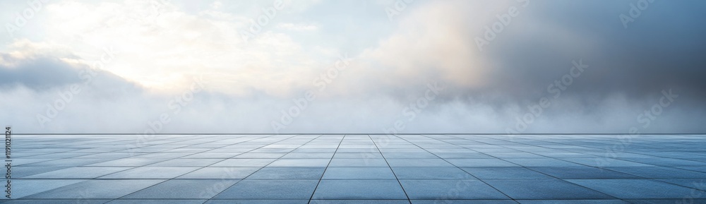 Blue tiled floor under a misty sky, expansive concrete platform, ideal for showcasing products, high-resolution clarity. Blue tiled floor under a misty sky, expansive concrete platform, ideal for showcasing products, high-resolution clarity.