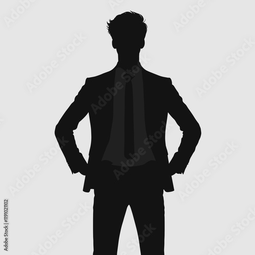 Detailed silhouette of a man standing with hands on hips in professional business attire, grounded and confident
