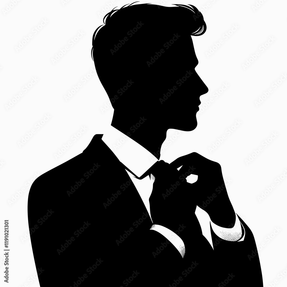 Detailed silhouette of a man adjusting tie in formal business attire against a clean background