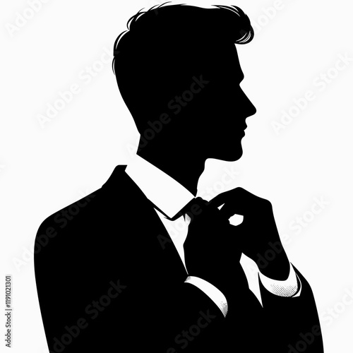 Detailed silhouette of a man adjusting tie in formal business attire against a clean background