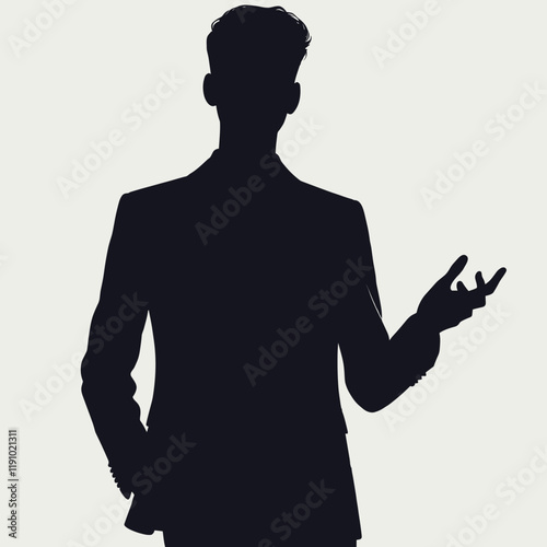 Detailed silhouette of a man gesturing in conversation with smart casual attire against a plain white background