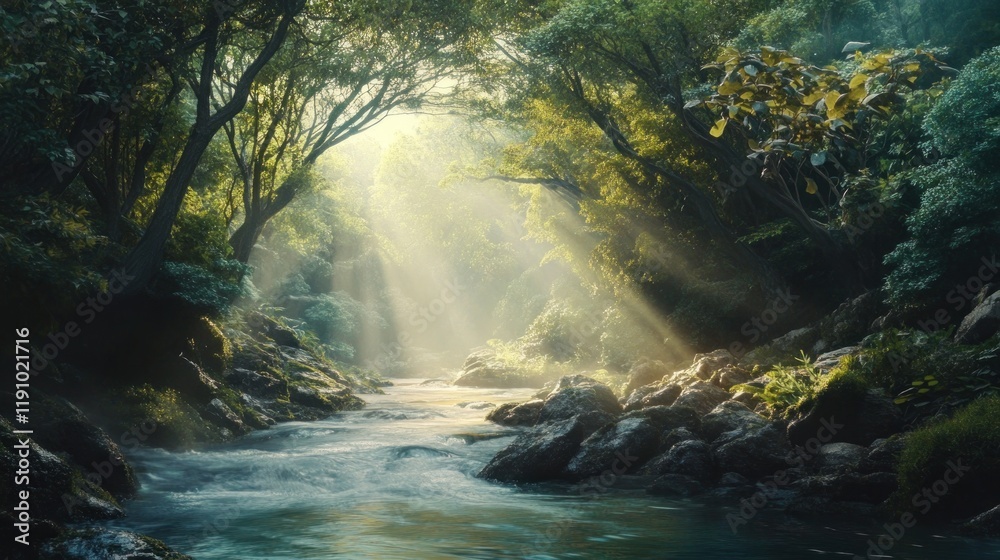 Sunlit Forest Stream with Flowing Water and Green Foliage