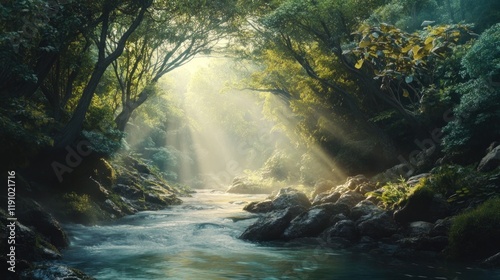 Obraz na płótnie Sunlit Forest Stream with Flowing Water and Green Foliage w salonie