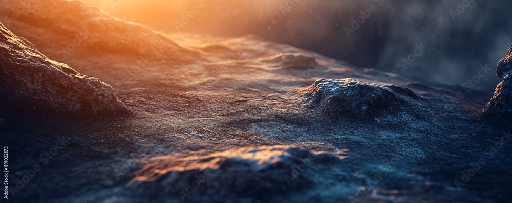Naklejka premium Martian surface with rocks and dust at sunset