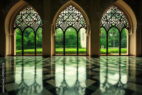 interior view of a mosque hall with rows of arched windows featuring traditional mashrabiya designs