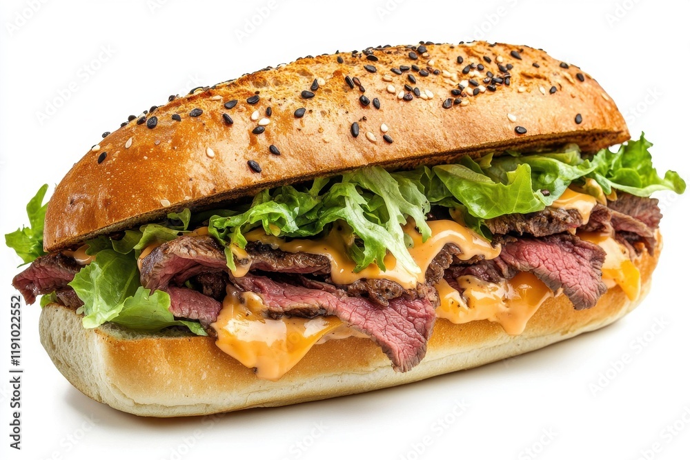 Delicious sandwich filled with tender roast beef and fresh lettuce on a sesame-seeded bun Delicious sandwich filled with tender roast beef and fresh lettuce on a sesame-seeded bun