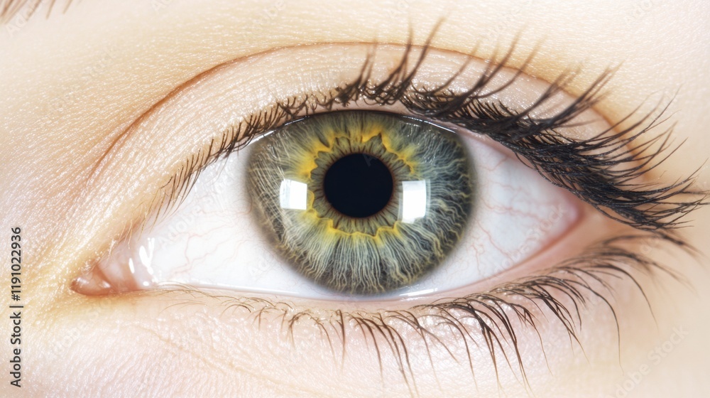 Vivid green eye close-up, highlighting intricate iris details and lash definition, showcasing natural beauty and eye health. Vivid green eye close-up, highlighting intricate iris details and lash definition, showcasing natural beauty and eye health.