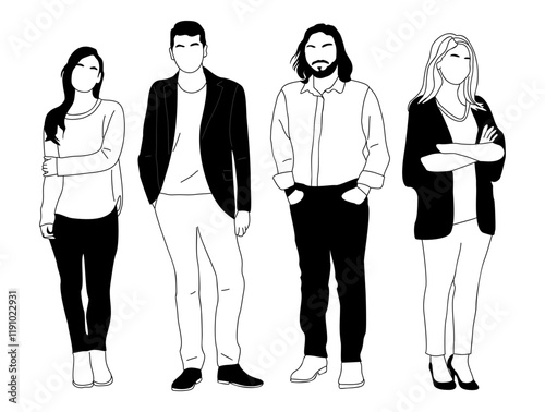 Set of different business people standing full length line art drawing. Group of men and women in casual attire. Team work concept. Hand drawn vector sketch illustrations isolated