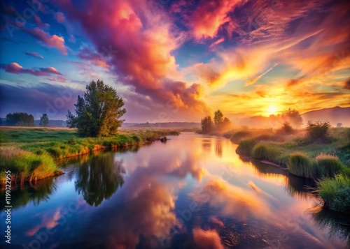 Serene River Landscape: Majestic Flowing Water, Tranquil Nature Scene