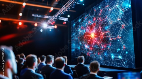 Tech conference stage with keynote speakers discussing cutting-edge trends like generative AI and quantum encryption, exploring the future of technology, security, and innovation.
