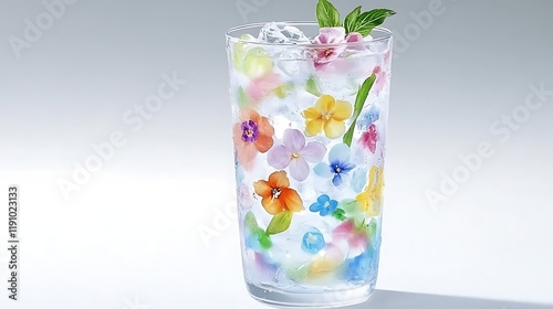 Iced Floral Drink  Summer Refreshment  Colorful Flowers in Glass