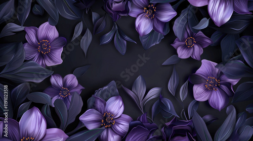 Purple flowers and dark foliage frame a textured black background.