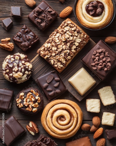 Delectable Assortment of Gourmet Chocolates, Sweet Treats, and Nutty Delights Perfect for Dessert Lovers and Indulgent Occasions, Featuring Rich Brown Shades
