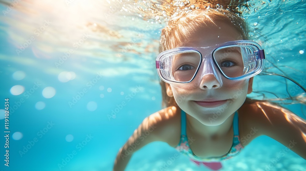 Naklejka premium Happy young girl swimming underwater with goggles in a bright blue pool
