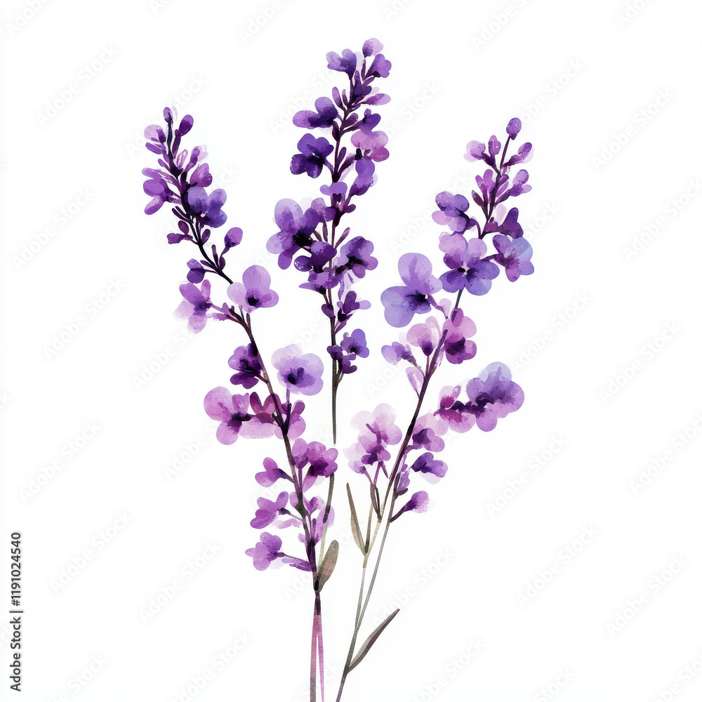 Obraz premium Beautiful watercolor illustration of lavender flowers in purple hues, showcasing delicate petals and stems. This artwork captures essence of nature tranquility and elegance