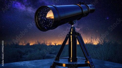 Stargazing Telescope Aiming at a Vibrant Starry Night Sky Over a Silhouetted Landscape photo