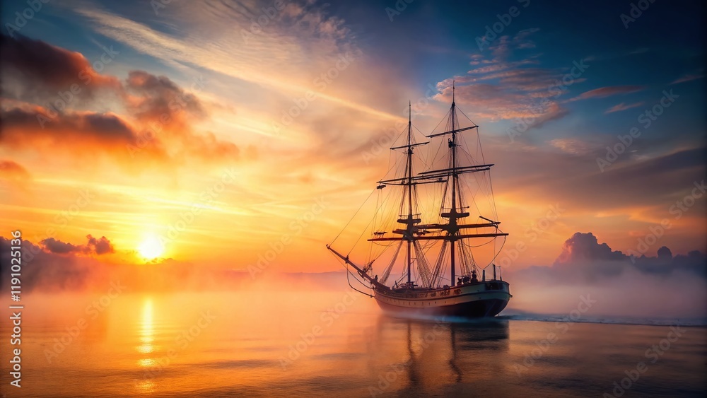 Fototapeta premium Serene Sunrise Ship Fog: Tranquil Ocean Vessel at Dawn