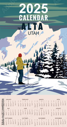 2025 Calendar Monthly Alta Ski Travel resort poster vintage