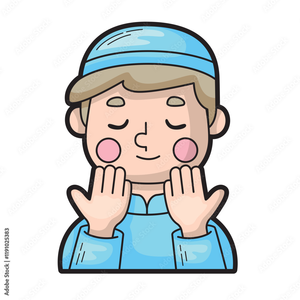 Obraz premium Boy in blue clothing praying with raised hands suitable for religious themed designs for inspirational content for children's products