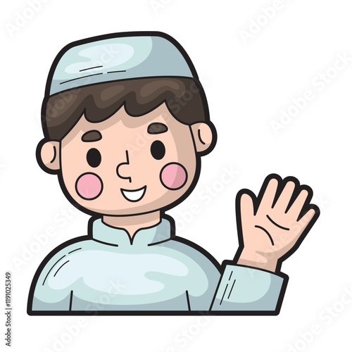 Smiling boy in cap waving hello, friendly greeting gesture for children's books, school materials, advertising campaigns, and family related designs