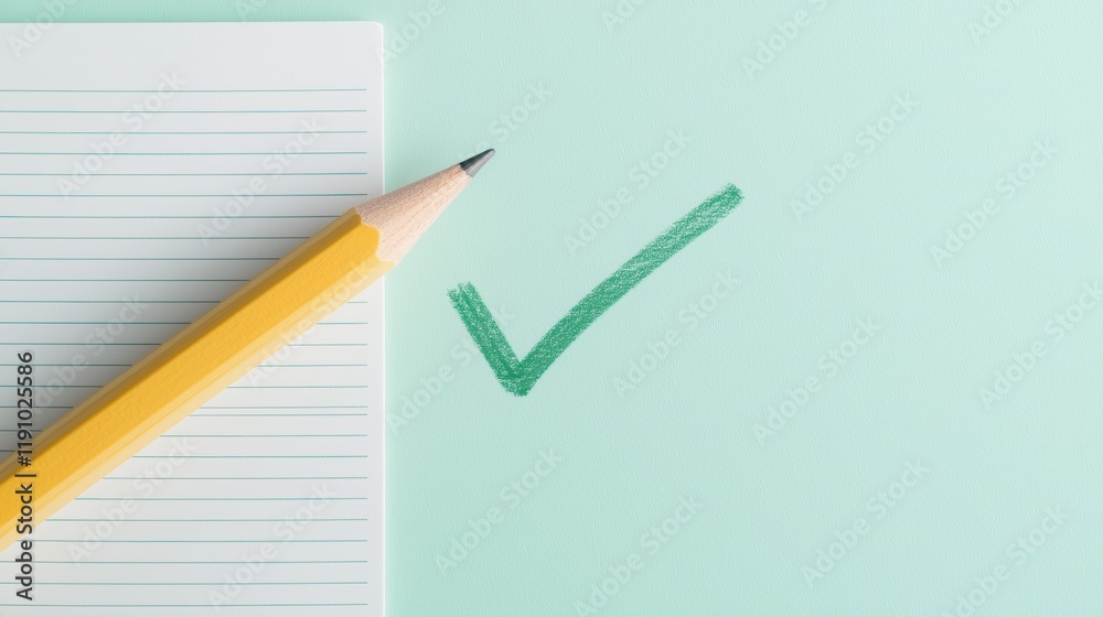 A yellow pencil with a green checkmark drawn next to it on a lined notepad, representing a completed task on a to do list. A yellow pencil with a green checkmark drawn next to it on a lined notepad, representing a completed task on a to do list.