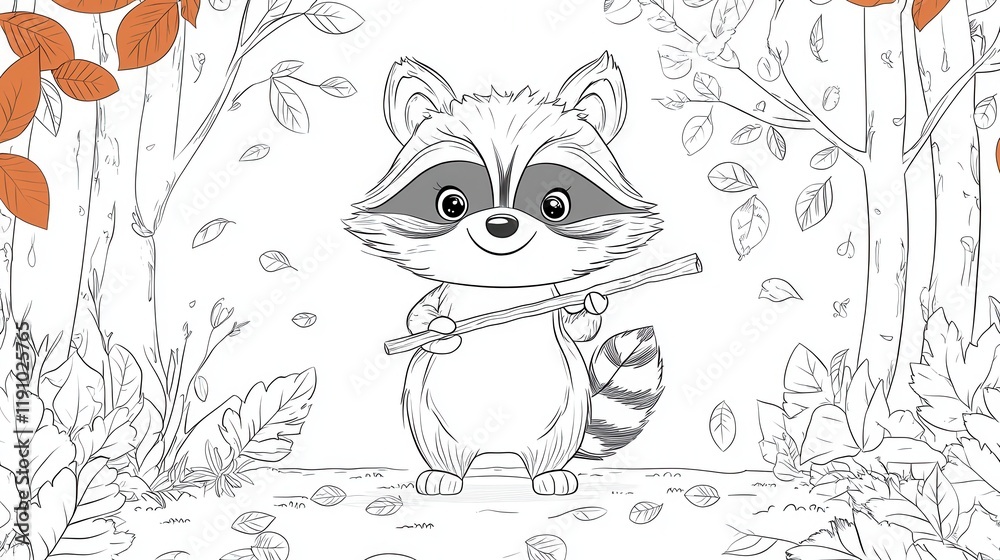 Obraz premium Adorable Raccoon Holding Stick Autumn Forest Setting