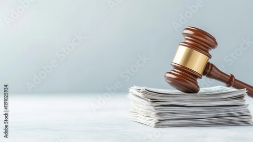 Medical bills stacked with a gavel, representing legal action in healthcare cost disputes and insurance claims