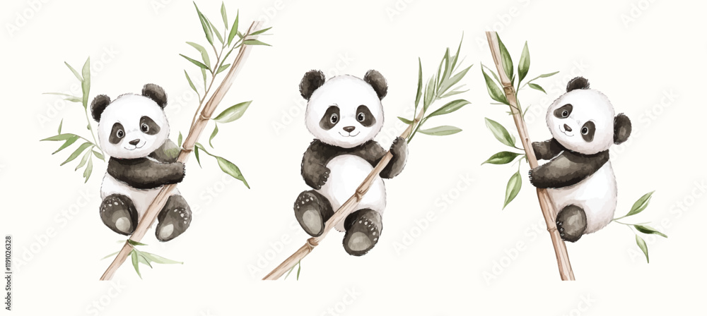 Obraz premium Watercolor Safari Animal Illustrations Panda. Cute Safari Wildlife Watercolor Paintings Collection