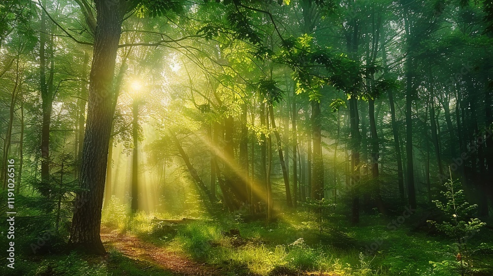 Obraz premium Enchanting Beauty of Sunlight in the Green Forest
