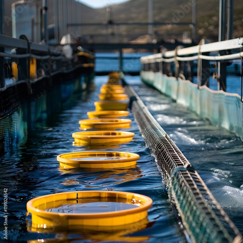 Image shows a series of yellow floating buckets in a modern aquaculture facilitys recirculating water system. The system is enclosed by nets and metal framework. Clean water flows through the system.