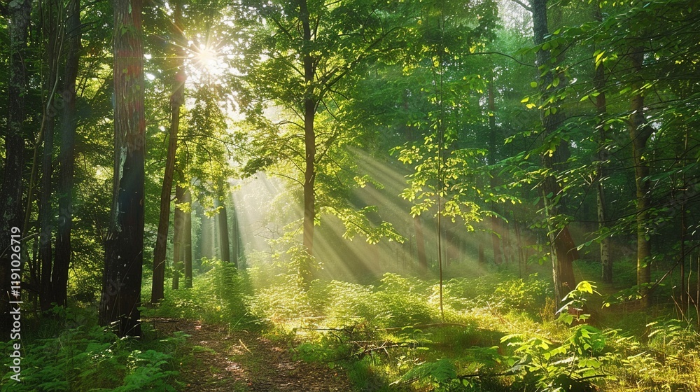 Fototapeta premium Enchanting Beauty of Sunlight in the Green Forest